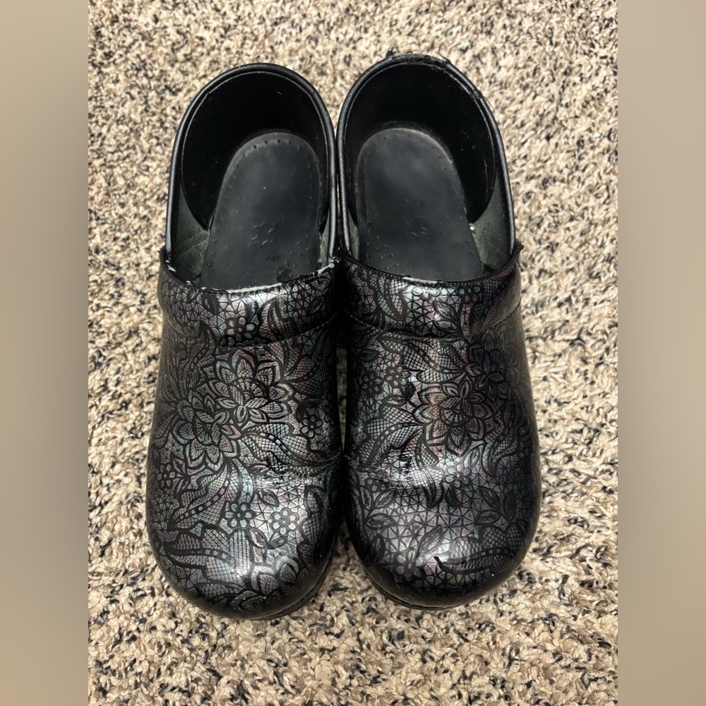 Dansko Women's Black Floral-Print Leather Clogs